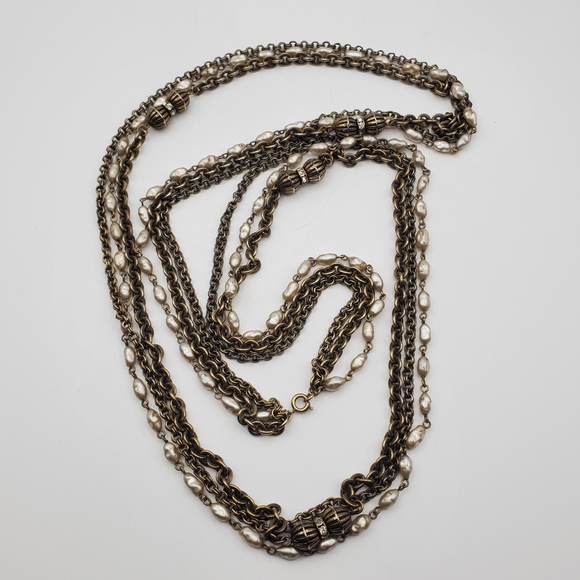 Faux Pearl Rhinestone Necklace Multi Layer Strand Antique Gold Tone Chain 48" L - Picture 2 of 8